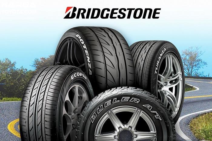 Gambar menunjukkan beberapa ban mobil dari merek Bridgestone