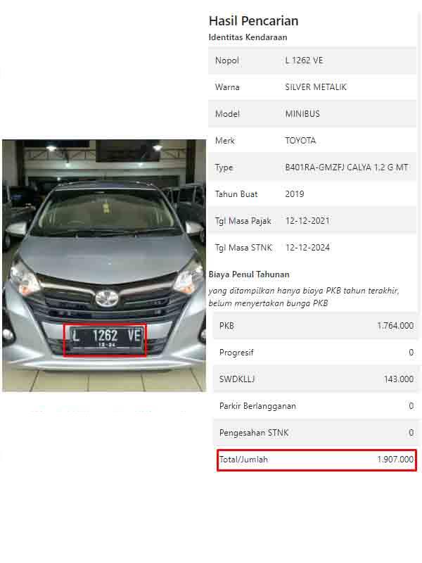 Gambar menunjukkan hasil cek pajak Toyota Calya di app